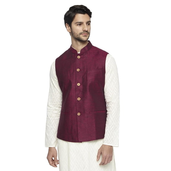 Ethnix Men's Handmade Banded CollarPure Cotton Linen Nehru Jacket Vest; Maroon; XS