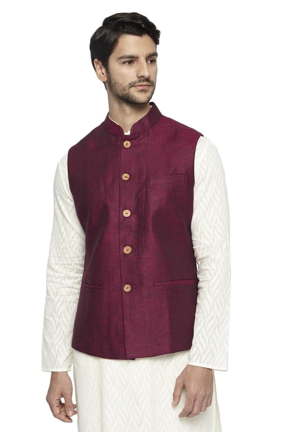 Men's Handmade Banded CollarPure Cotton Linen Nehru Jacket Vest; Maroon; XS