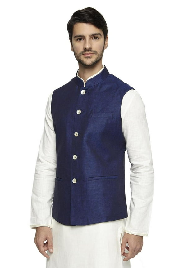 Men's Handmade Banded CollarPure Cotton Linen Nehru Jacket Vest; Navy Blue; XS