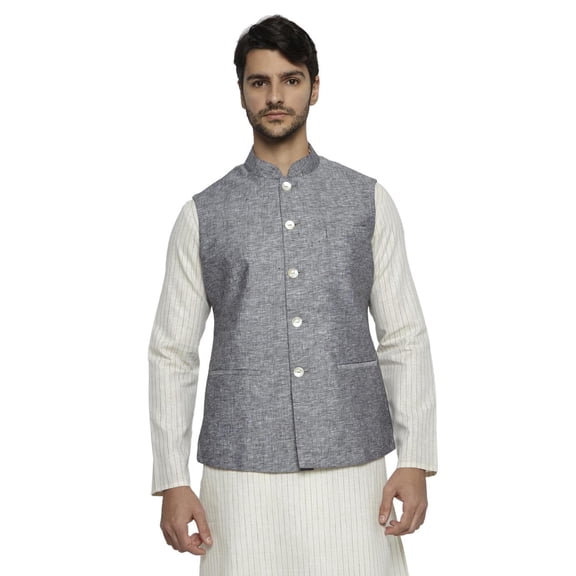 Ethnix Men's Handmade Banded CollarPure Cotton Linen Nehru Jacket Vest; Steel Gray; XXL