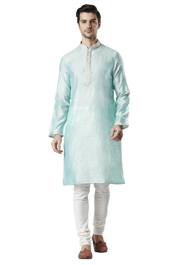 Ethnix Men's Indian All Over Embroidered Festive Cheerful Kurta Tunic Pajama Set; Teal, SM