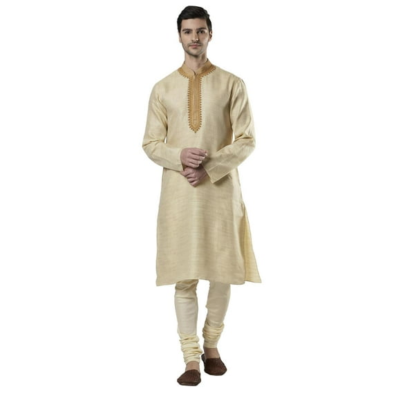 Ethnix Men's Indian Band Collar Fine Embroidered Placket Kurta Tunic Pajama Set; Beige; MD