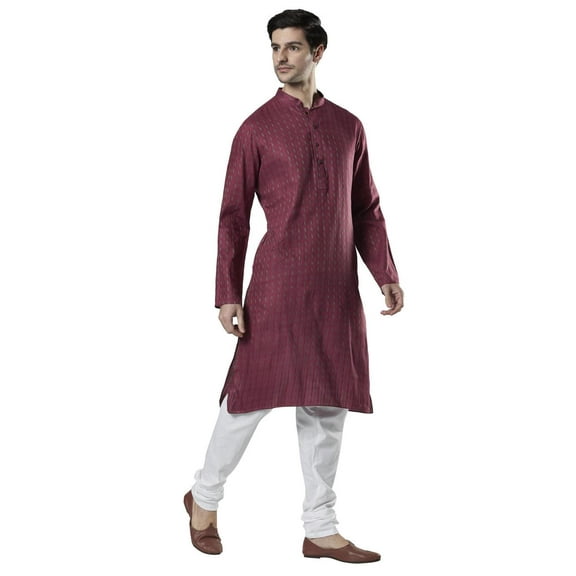 Ethnix Men's Indian Band Collar Micro Dobby Thread Print Kurta Tunic Pajama Set; Magenta; XL