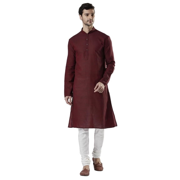 Ethnix Men's Indian Banded Collar Fine Thread Textured Kurta Tunic Pajama Set; Maroon; MD