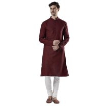 Ethnix Men's Indian Banded Collar Fine Thread Textured Kurta Tunic Pajama Set; Maroon; SM