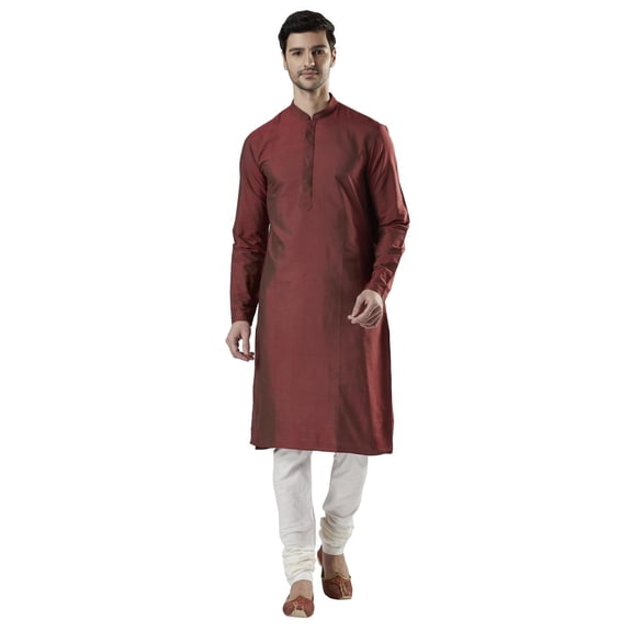 Ethnix Men's Indian Banded Collar Silk Blend Comfortable Kurta Tunic Pajama Set; Goldfish; LG