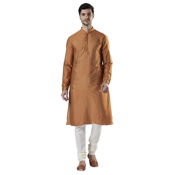 Ethnix Men's Indian Banded Collar Silk Blend Comfortable Kurta Tunic Pajama Set; Sand; MD