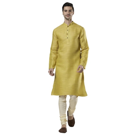 Ethnix Men's Indian Classic Collar Fine Textured Cotton Kurta Tunic Pajama Set; Gold; MD
