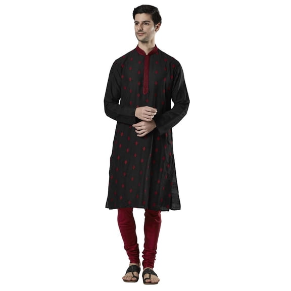 Ethnix Men's Indian Embroidered Mandarin Collar Festive Kurta Tunic Pajama Set; Black; MD