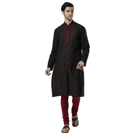 Ethnix Men's Indian Embroidered Mandarin Collar Festive Kurta Tunic Pajama Set; Black; XL