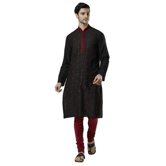 Ethnix Men's Indian Embroidered Mandarin Collar Festive Kurta Tunic Pajama Set; Black; XS