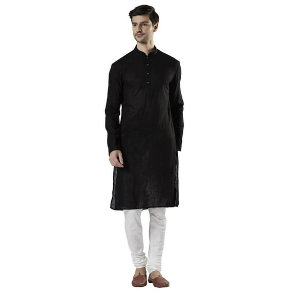 Ethnix Men's Indian Mandarin Collar Pure Cotton Textured Kurta Tunic Pajama Set; Black; MD