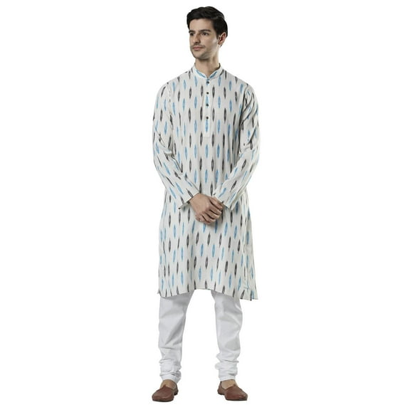 Ethnix Men's Indian Mandarin Collar Textured Ikkat Print Kurta Tunic Pajama Set; Off-White; MD