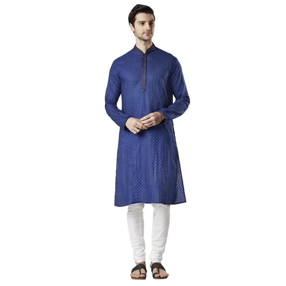 Ethnix Men's Indian Royal All-Over Embroidered Festive Kurta Tunic Pajama Set; Navy Blue; XL