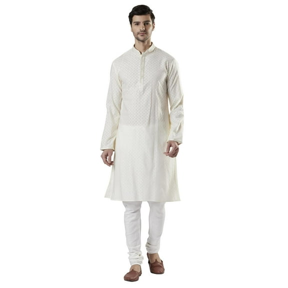 Ethnix Men's Indian Royal All-Over Embroidered Festive Kurta Tunic Pajama Set; Royal Cream; LG