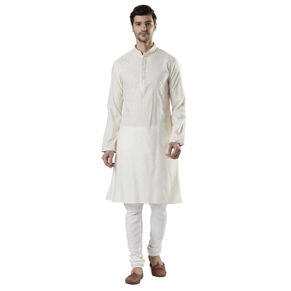 Ethnix Men's Indian Royal All-Over Embroidered Festive Kurta Tunic Pajama Set; Royal Cream; MD