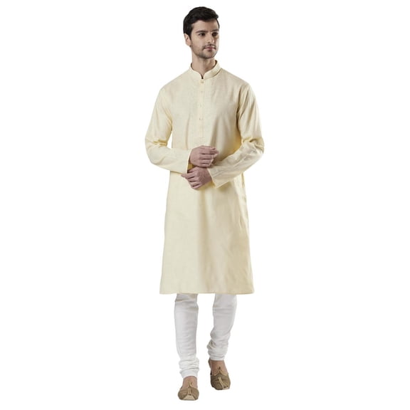 Ethnix Men's Indian Royal Hand-Embroidered Collar Placket Kurta Tunic Pajama Set; Cream; MD
