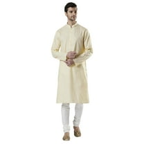 Ethnix Men's Indian Royal Hand-Embroidered Collar Placket Kurta Tunic Pajama Set; Cream; XL