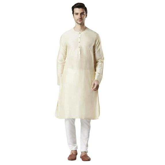 Ethnix Men's Indian Staple Classic Collar Plain Comfortable Long Kurta Tunic; Beige; SM