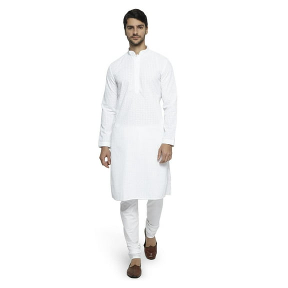 Ethnix Men's Mandarin Collar All-Over Chikaankari Embroidered Kurta Pajama 2-piece set; XL
