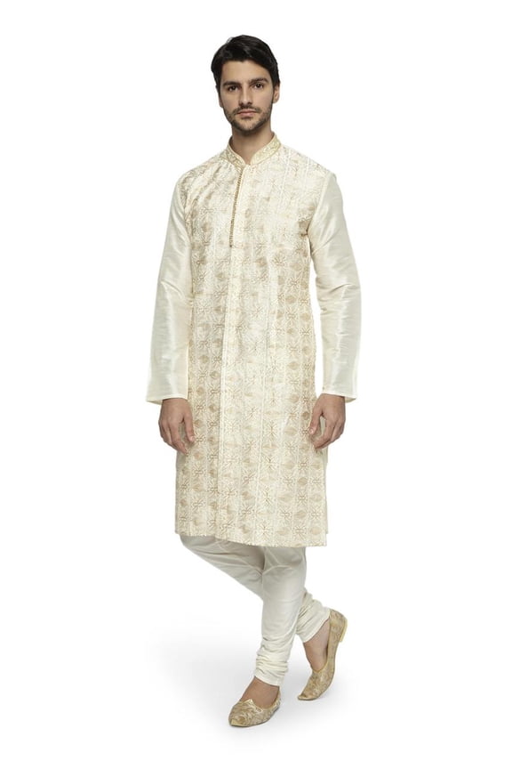 Ethnix Men's Mandarin Collar Festive Collection Artist's Abstract Embroidered Kurta Pajama 2-piece set; LG