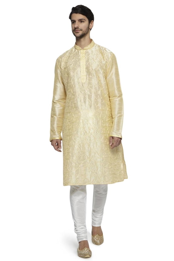Ethnix Men's Mandarin Collar Festive Collection with Front Embroidered Kurta Pajama 2-piece set; LG