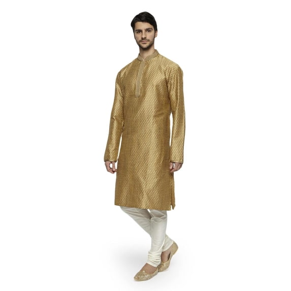Ethnix Men's Mandarin Collar Festive Gold Collection Finely Made Kurta Pajama 2-piece set; SM