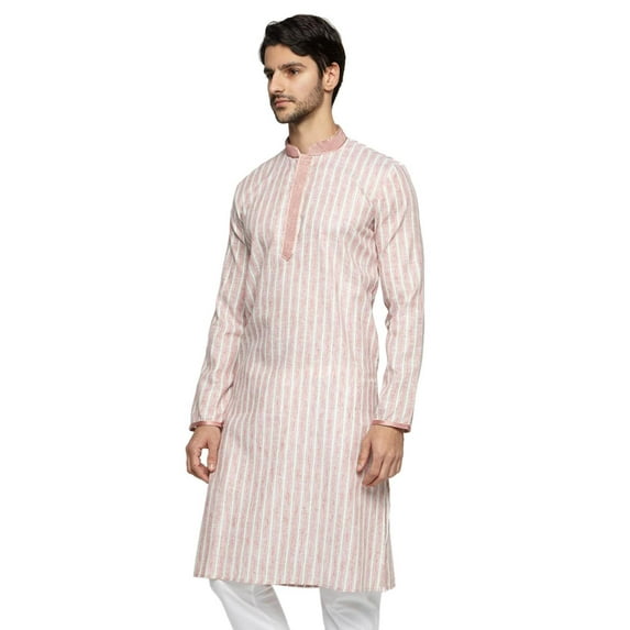 Ethnix Men's Mandarin Collar Fine Pink Stripe with Embroidered Placket Long Kurta Tunic; Pink; LG