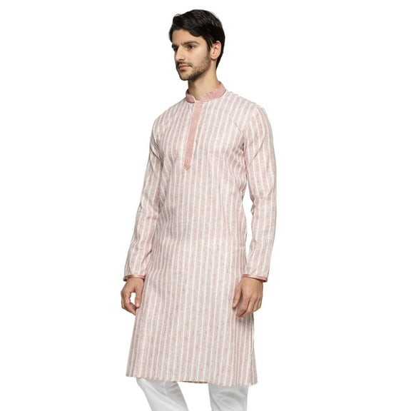 Ethnix Men's Mandarin Collar Fine Pink Stripe with Embroidered Placket Long Kurta Tunic; Pink; XL