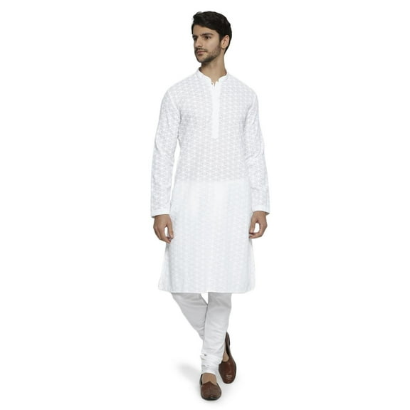 Ethnix Men's Mandarin Collar Handmade All - Over White Chikaankari Embroidered Kurta Pajama 2-piece set; SM