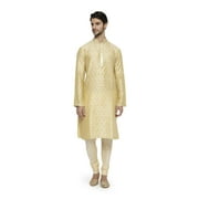 Ethnix Mens Mandarin Collar Motif Print Festive Embroidered Placket Kurta Pajama 2-piece set; XL