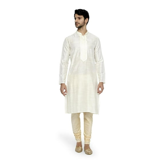 Ethnix Men's Mandarin Collar Plain Of–White Kurta Pajama 2-piece set; XL