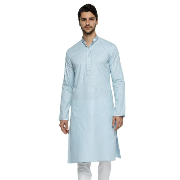Ethnix Men's Mandarin Collar Pure Cotton Sky Blue Hand Embroidered Placket Long Kurta Tunic; Blue; LG