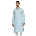 thumbnail image 1 of Ethnix Men's Mandarin Collar Pure Cotton Sky Blue Hand Embroidered Placket Long Kurta Tunic; Blue; XL, 1 of 5