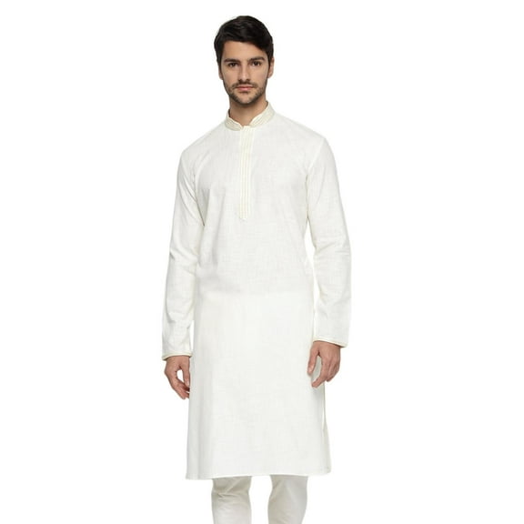 Ethnix Men's Mandarin Collar Pure Cotton White Hand Embroidered Placket Long Kurta Tunic; White; M