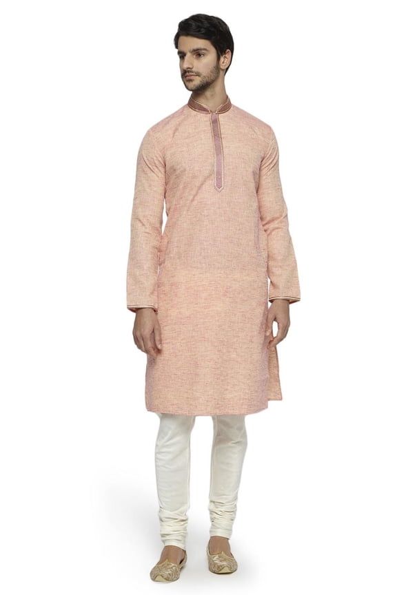 Men's Mandarin Collar Solid Coral Space Dye with Hand Embroidered Placket Long Kurta Tunic; Coral; L