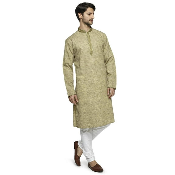 Ethnix Men's Mandarin Collar Solid Coral Space Dye with Hand Embroidered Placket Long Kurta Tunic; Olive; S