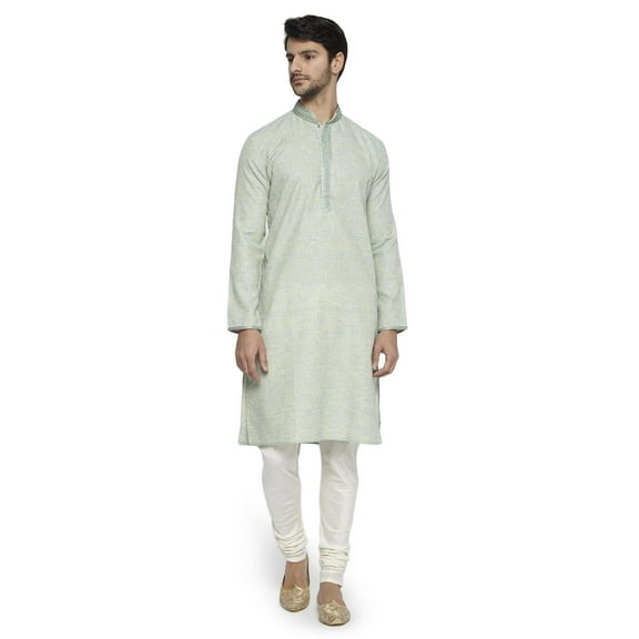 Ethnix Men's Mandarin Collar Solid Mint Green Space Dye with Hand Embroidered Placket Long Kurta Tunic; Green; L