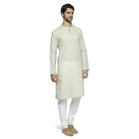 Ethnix Men's Mandarin Collar Solid Natural Space Dye with Hand Embroidered Placket Long Kurta Tunic; Natural; S