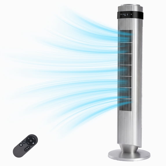 Ethovia 35" Quiet Bladeless Tower Fan – 25ft/s High-Velocity DC Motor, 5-Speed & 4-Mode Settings, 64° Wide Oscillation, 12-Hour Timer, Remote Standing Fan for Bedroom, Gray