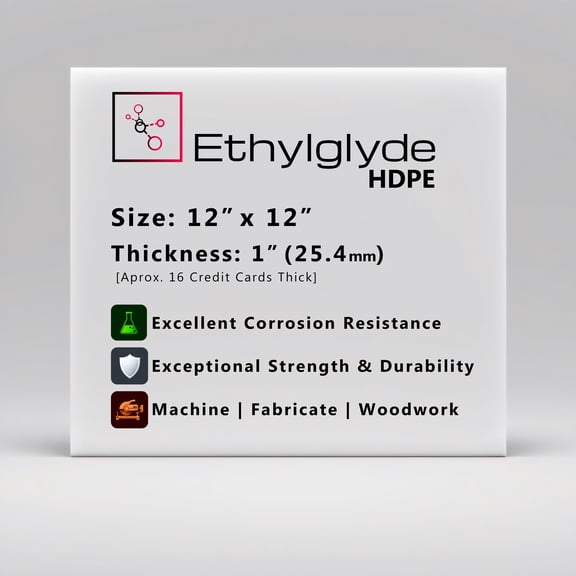 Ethylglyde Natural White HDPE Sheet. Great for Cutting Board, Marine Board, and DIY Projects. 12" x 12" x 1"