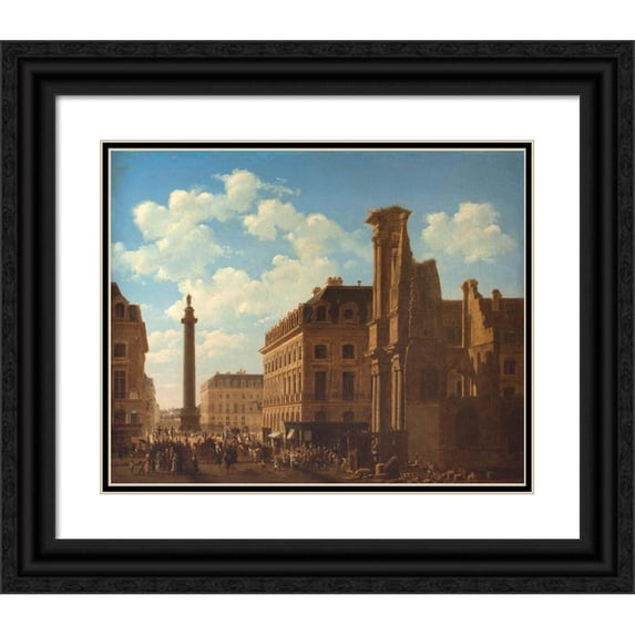 Etienne Bouhot 14x12 Black Ornate Wood Framed Double Matted Museum Art Print Titled: Place Vendome and Rue De Castiglione, with the Ruins of the Feuillants Church (1808)