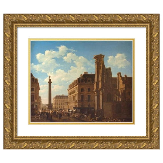 Etienne Bouhot 24x20 Gold Ornate Framed and Double Matted Museum Art Print Titled - Place Vendome and Rue De Castiglione, with the Ruins of the Feuillants Church (1808)