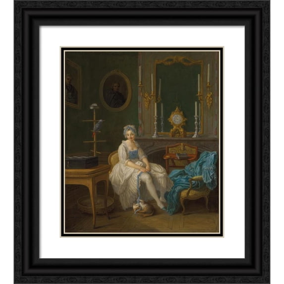 Etienne Jeaurat 20x23 Black Ornate Framed Double Matted Museum Art Print Titled: The Interior of a Boudoir, with a Lady in a White and Blue Dress (1769)