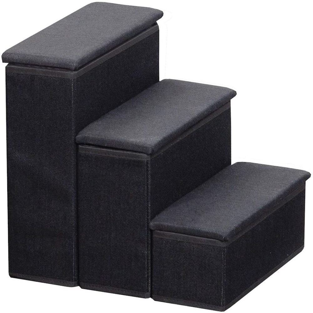 Black Upholstered 3-Step Pet Stairs with Storage
