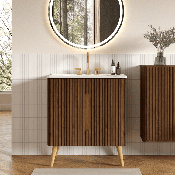 Etna 30"F Striped Walnut Bathroom Vanity with Carrara White Sink - Freestanding & Wall Mounted Options for Modern Bathrooms