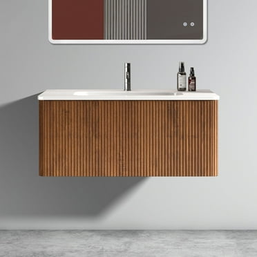 Etna 36" Wall Mounted Floating Bathroom Vanity in Walnut with White Basin