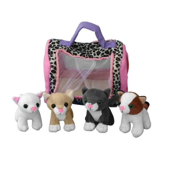 Etna Cat Play Set with Sounds  5 Piece Set includes 4 Small Cat Stuffed Animals Plus Carrier with Handle  These Interactive Toys are Ideal for Fun and Imaginative Play