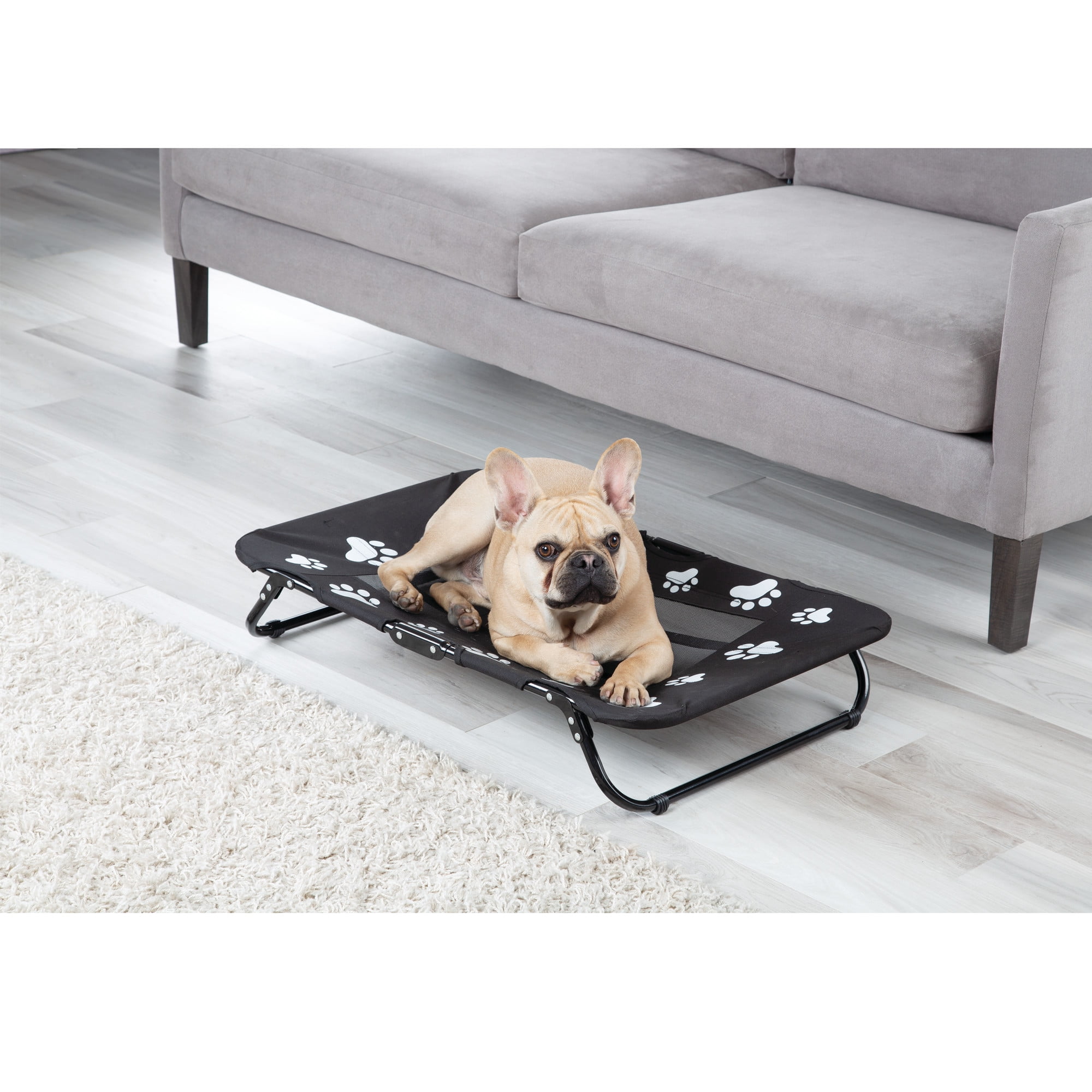 Etna Paw Print Square Folding Pet Cot Black & White