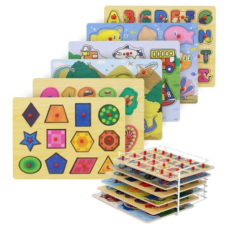 Etna Wood Peg Puzzle Set With 6 Puzzles And Wire Storage Rack – Abc, Numbers, Shapes, Vehicles And Animals Educational Puzzles For Kids 3 And up – Wooden Puzzles For Children Aged 1 And Up
